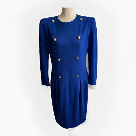 David Warren Dresses & Skirts - Vintage 80s David Warren Blue Knit Dress Midi Wool Gold Buttons Money ILGWU 10 P